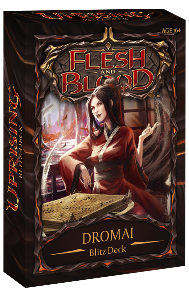 Flesh and Blood - Uprising - Blitz Deck - Dromai - Flesh and Blood Uprising Blitz Deck Dromai card game box with fiery, fantasy-themed artwork.