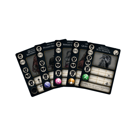 Dark Souls: The Card Game - Set of five Dark Souls-themed game cards with dark backgrounds, white icons, and character images on top right corners,.