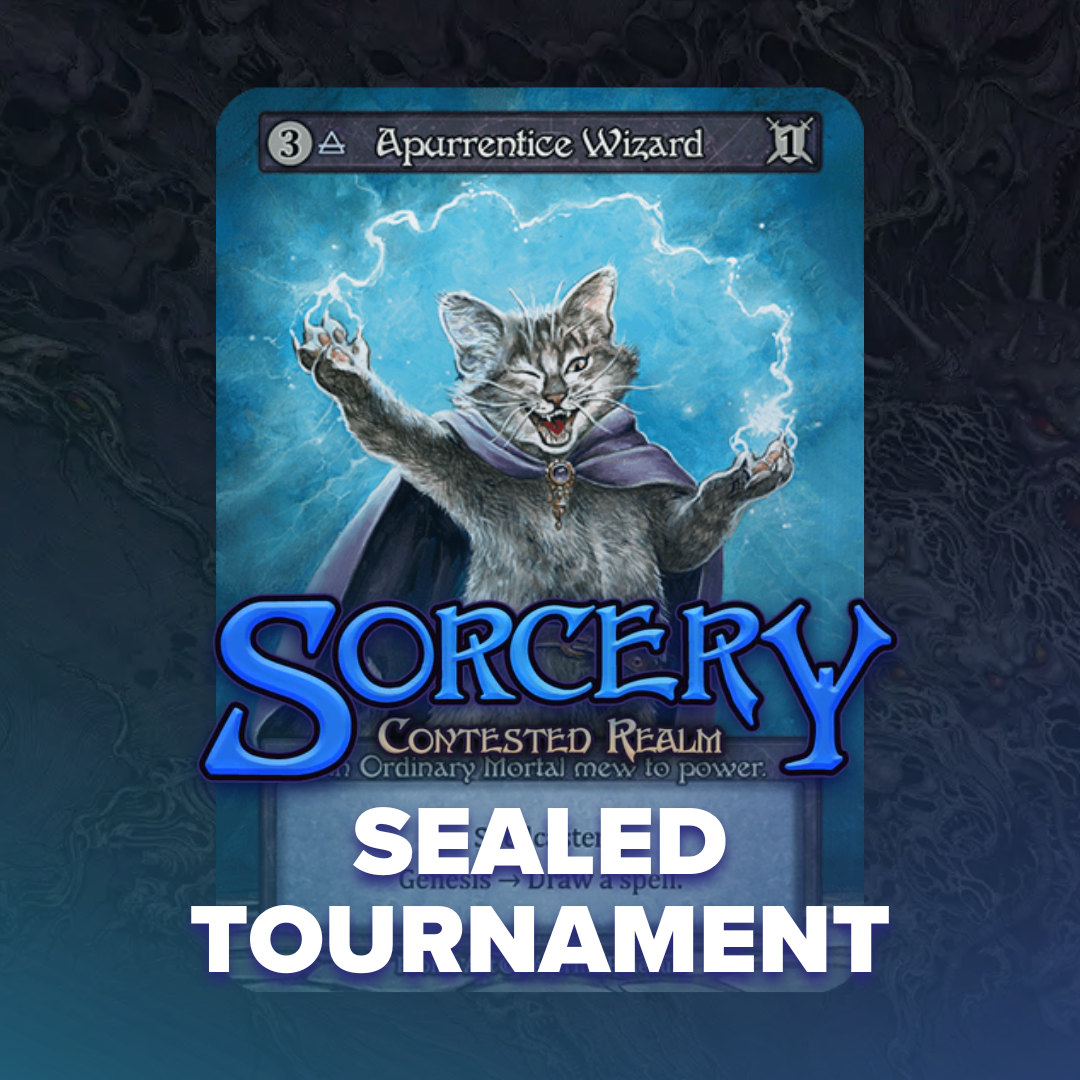Sorcery: Contested Realms "Apurrentice Wizard" - Sealed Tournament - Contested Realms card featuring a gray feline wizard casting lightning with a blue mystical background and bold white sealed