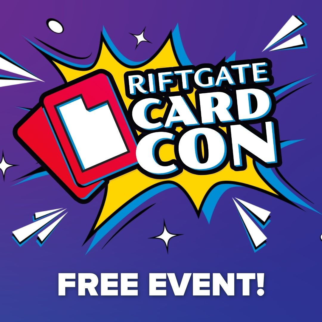 Riftgate CardCon - Colorful comic-style logo with two overlapping red cards and bold text "Riftgate CardCon" on a purple background with.