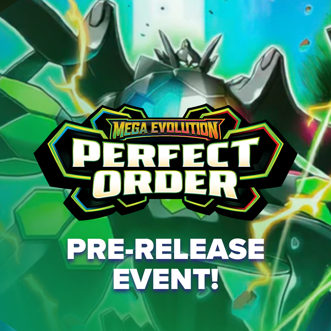 Perfect Order Prerelease - Dark green and black stylized creature with glowing accents surrounds bold text reading Mega Evolution Perfect Order.