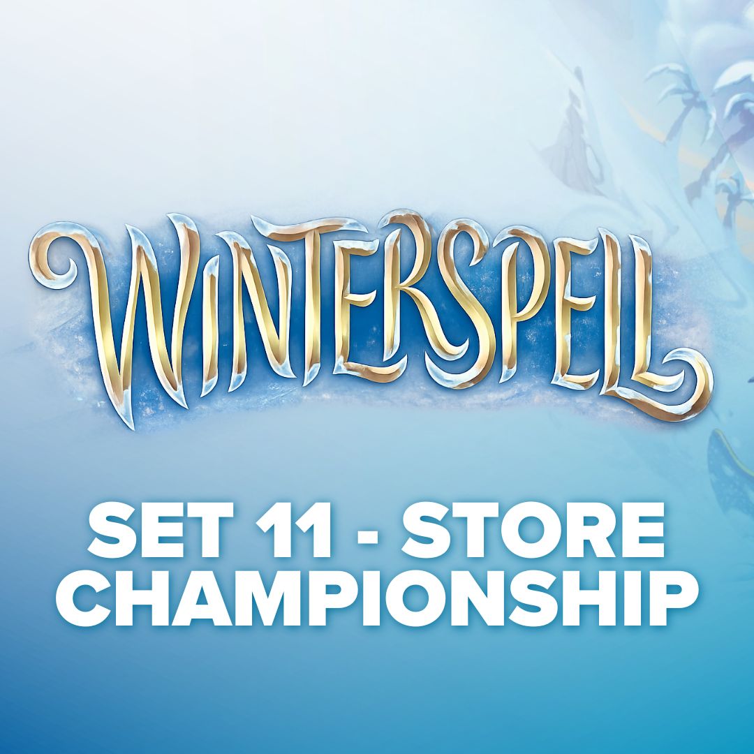 Lorcana: Winterspell Store Championship - Blue gradient background with ornate gold and white "Winterspell" text above bold white "Set 11 - Store Championship".