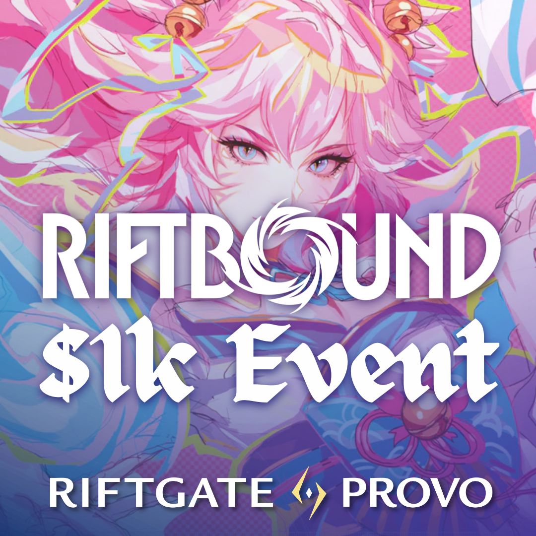 Riftbound: Spirit Forged - 1k Tournament (Provo) - Vibrant pink-haired anime-style character with dynamic swirls, bold white text for Riftbound $1k Event on colorful fantasy.