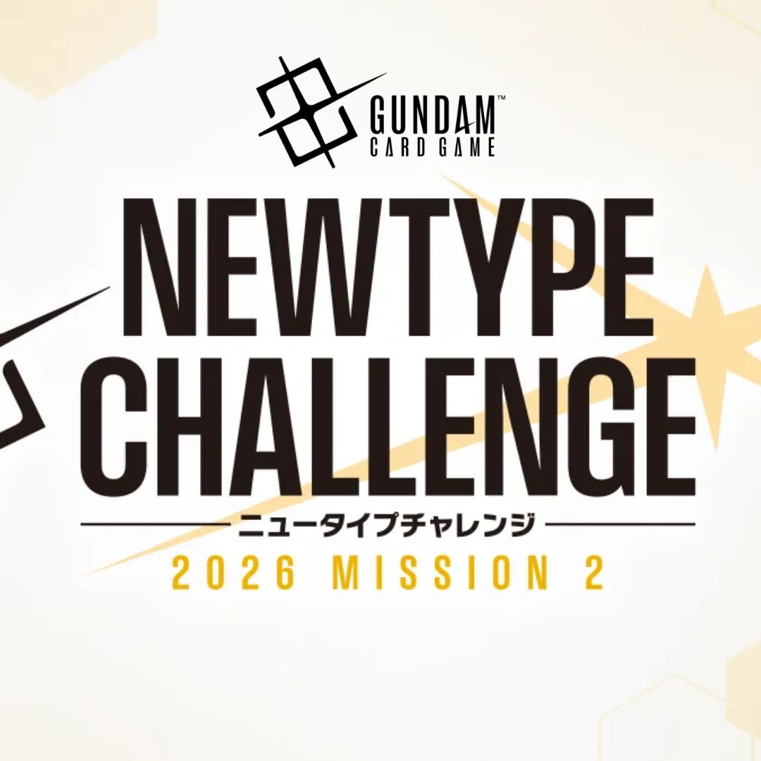 Gundam Newtype Challenge 20206 Mission 2 - White background with bold black text "Newtype Challenge" and "2026 Mission 2" in yellow, Gundam Card Game logo above text.
