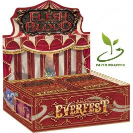 Flesh and Blood - Everfest - Booster Box - Flesh and Blood Everfest booster box with red and gold carnival-themed design and paper wrapper eco icon.