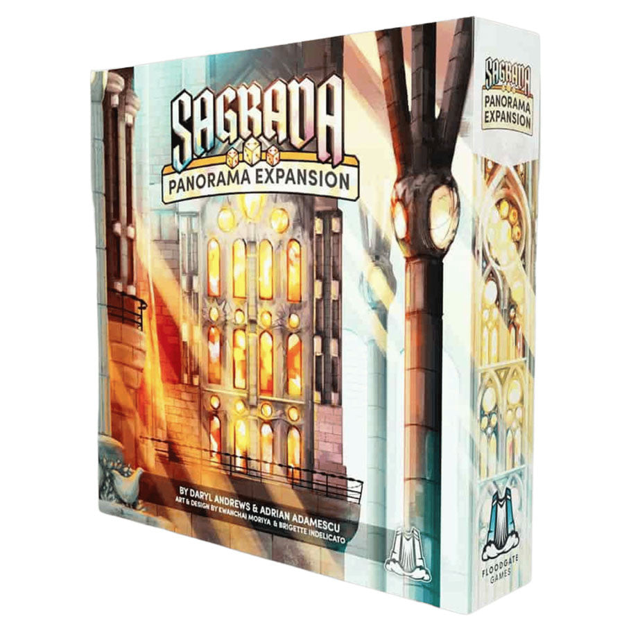 Sagrada: Panorama Expansion (PREORDER) - Box for Sagrada Panorama Expansion board game with stained glass window artwork in warm tones and intricate architectural.