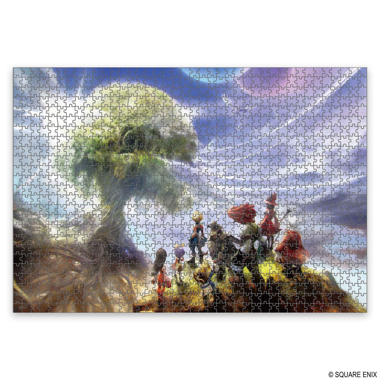 Puzzle: Final Fantasy IX- Denouement (1000 pieces) (PREORDER) - 1000-piece jigsaw puzzle featuring vibrant Final Fantasy IX artwork with characters on a cliff near a large tree under a.