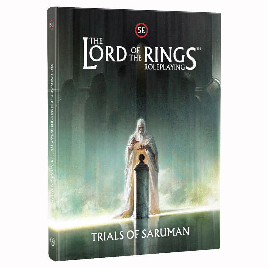 D&D 5E: The Lord of the Rings: Trials of Saruman (PREORDER) - Dark green and black themed hardcover book with white and red text, featuring a robed figure holding a staff behind a.