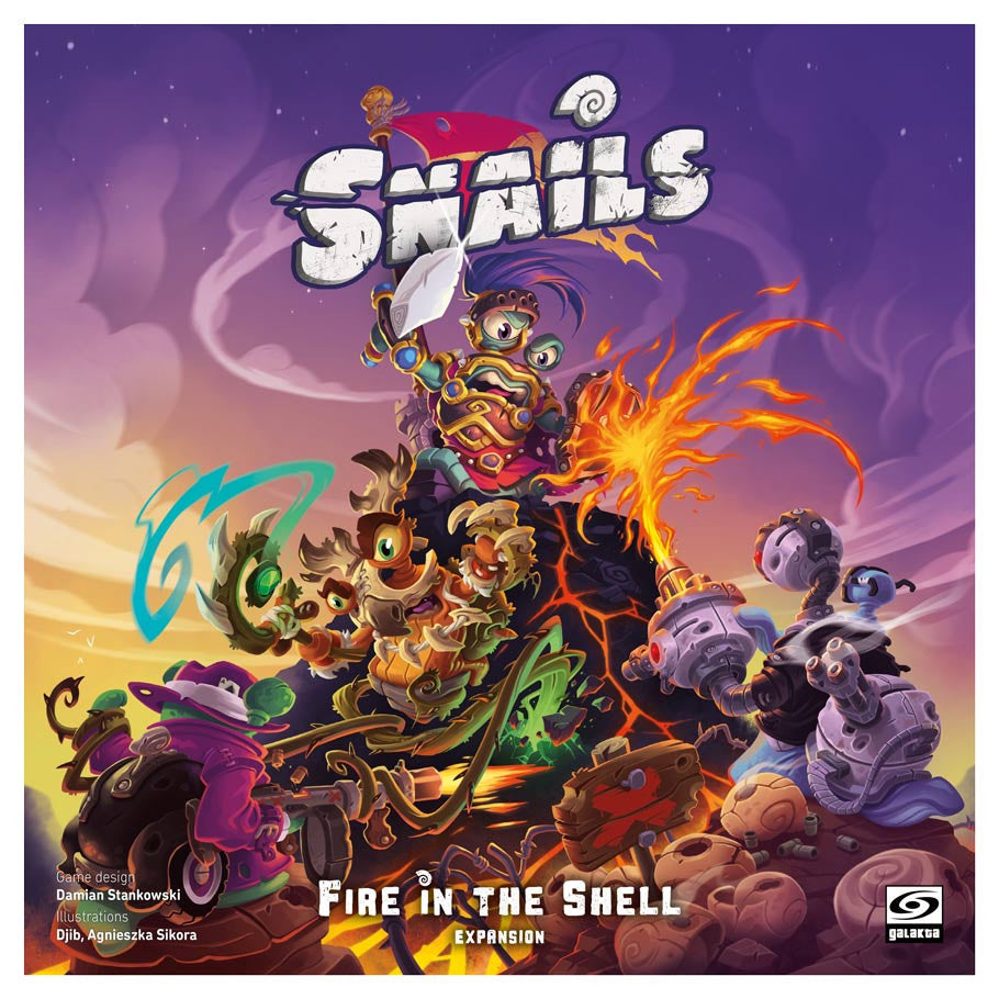 Snails: Fire in the Shell Expansion - Colorful board game cover art featuring stylized snails with fiery and mechanical elements against a purple sky background.
