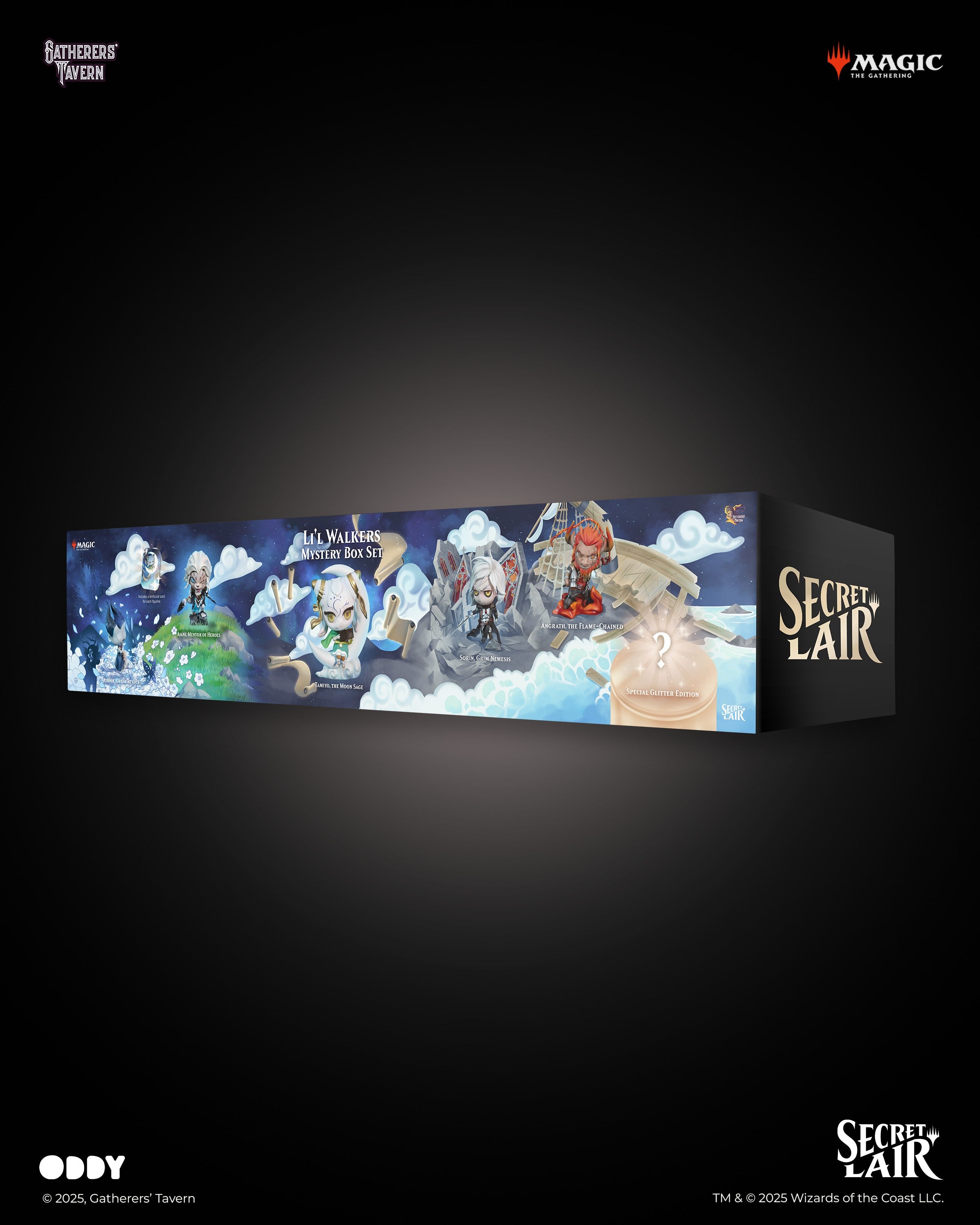 Gatherers' Tavern x Magic The Gathering: Lil Walkers Set of 5 (PREORDER) - Long rectangular box featuring colorful fantasy artwork of five magical characters on a cloud background, with "Secret Lair"