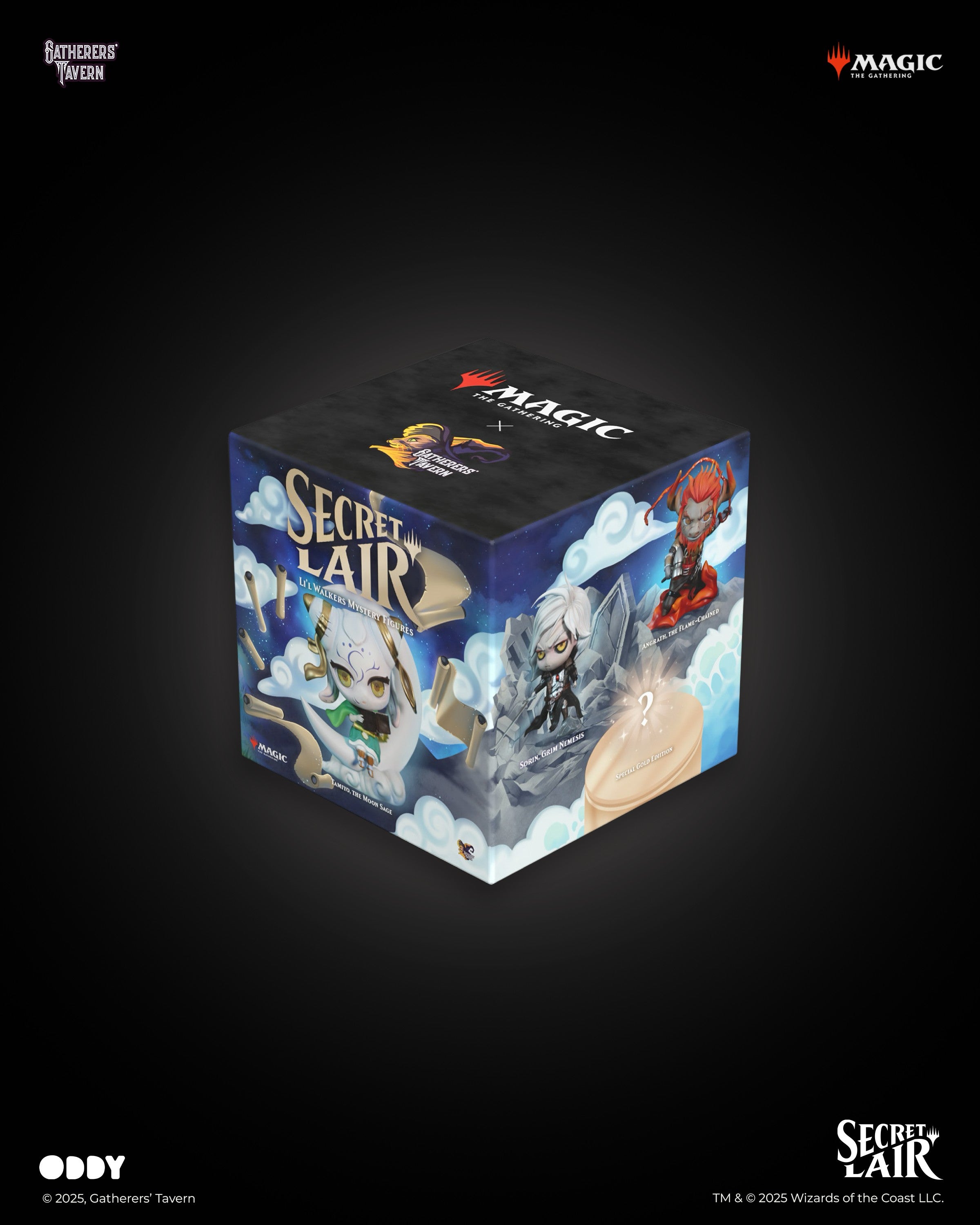 Gatherers' Tavern x Magic The Gathering: Lil Walkers Mystery Blind Boxes - Square black box featuring colorful Magic The Gathering artwork with fantasy characters and "Secret Lair" branding.