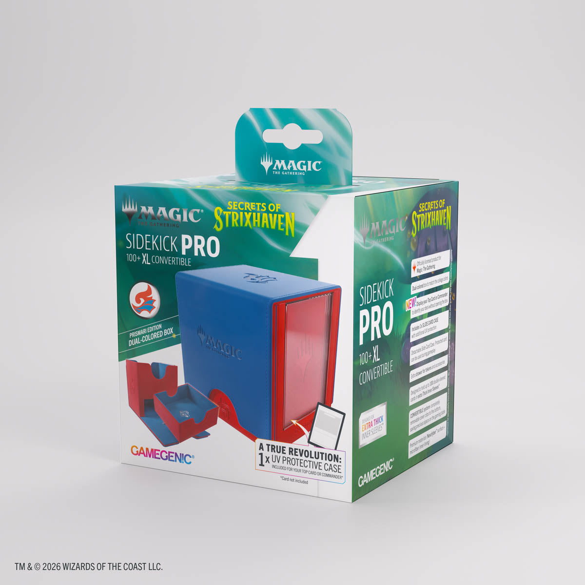 Gamegenic Sidekick PRO 100+ XL: Secrets of Strixhaven - Prismari (PREORDER) - Blue and red plastic card storage box with Secrets of Strixhaven branding in clear retail packaging.