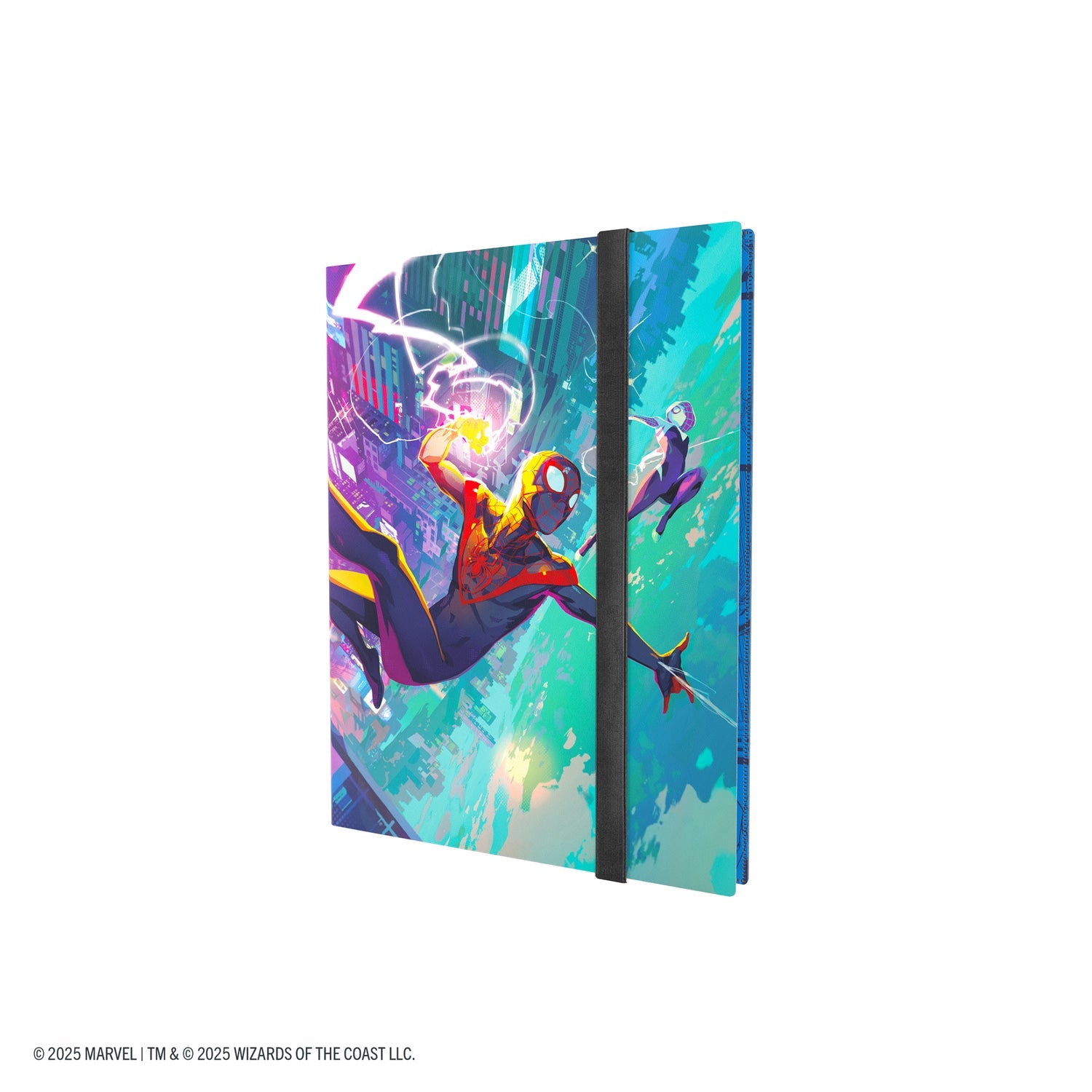 Magic: The Gathering: Marvel's Spider-Man 18-Pocket Album - Spider-Man/Spider-Gwen - Spider-Man and Spider-Gwen comic art on a blue binder with black elastic strap.