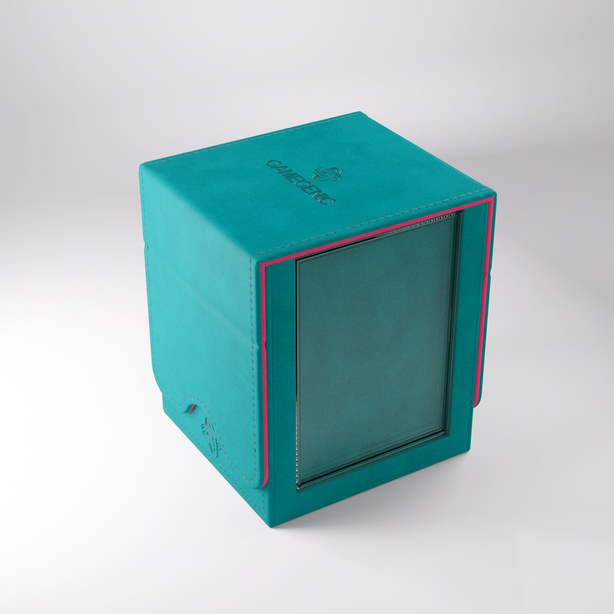Gamegenic: Squire Plus 100+ XL Convertible - Teal/Pink - Teal rectangular deck box with pink trim, transparent front panel, and textured finish for card storage.
