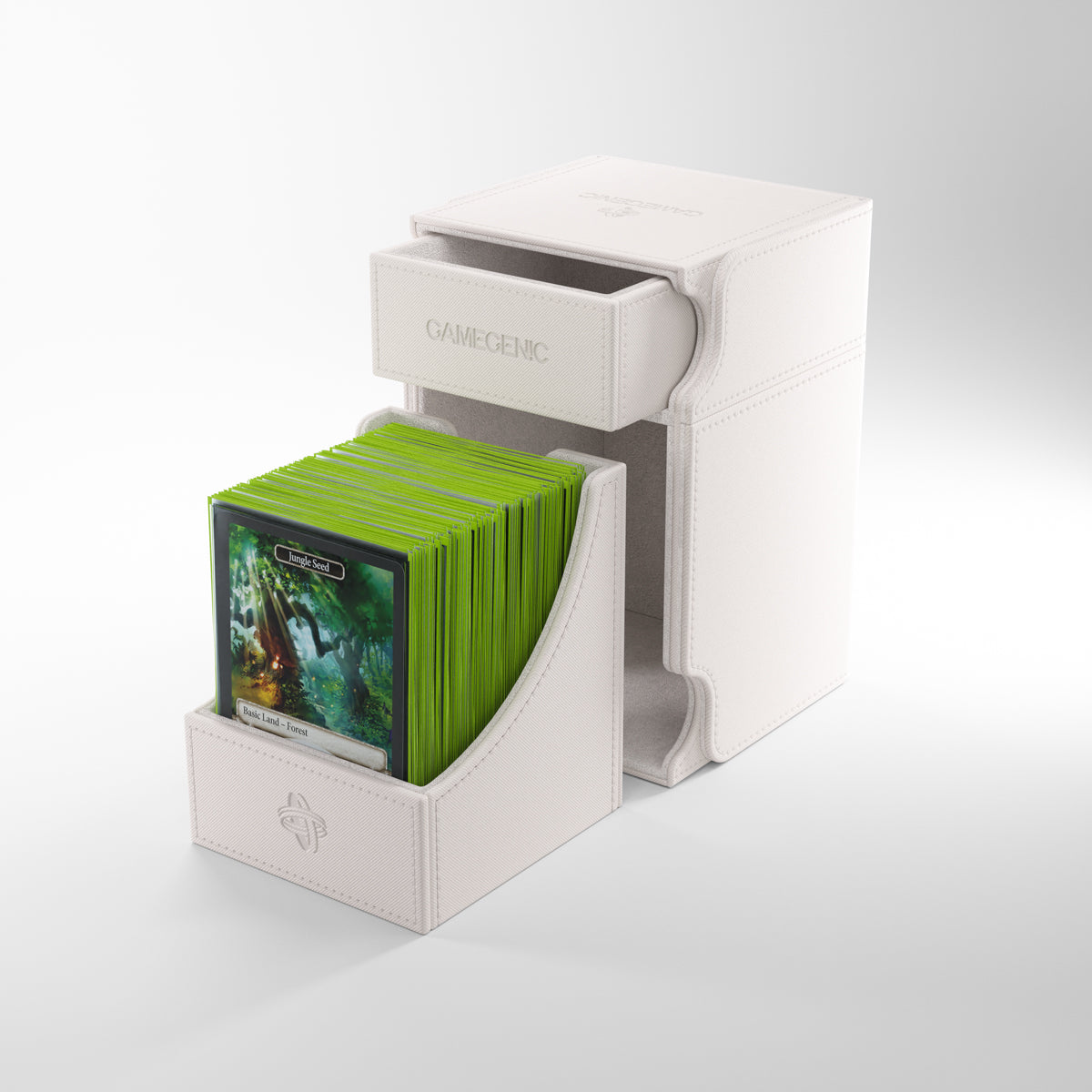 Gamegenic Watchtower 100+ XL Deck Box - White - White Gamegenic Watchtower 100+ XL deck box holding green card sleeves, with magnetic latch and layered design.