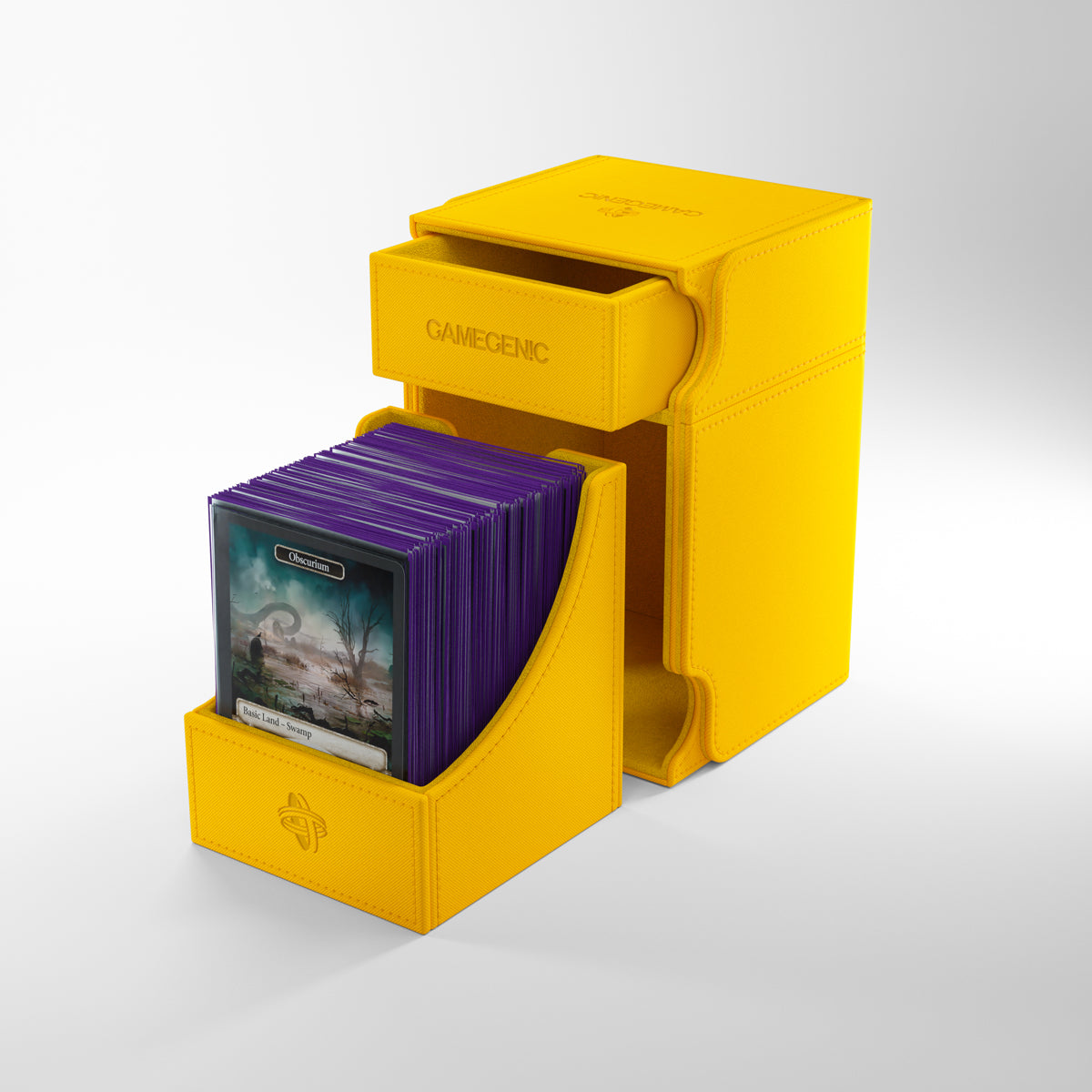 Gamegenic Watchtower 100+ XL Deck Box - Yellow - Yellow rectangular deck box with a flip-open lid, holding over 100 cards with purple sleeves.