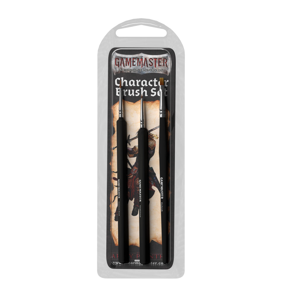 Gamemaster Paints: Character Brush Set - Three fine-tipped black-handled brushes in clear plastic packaging labeled Gamemaster Character Brush Set.