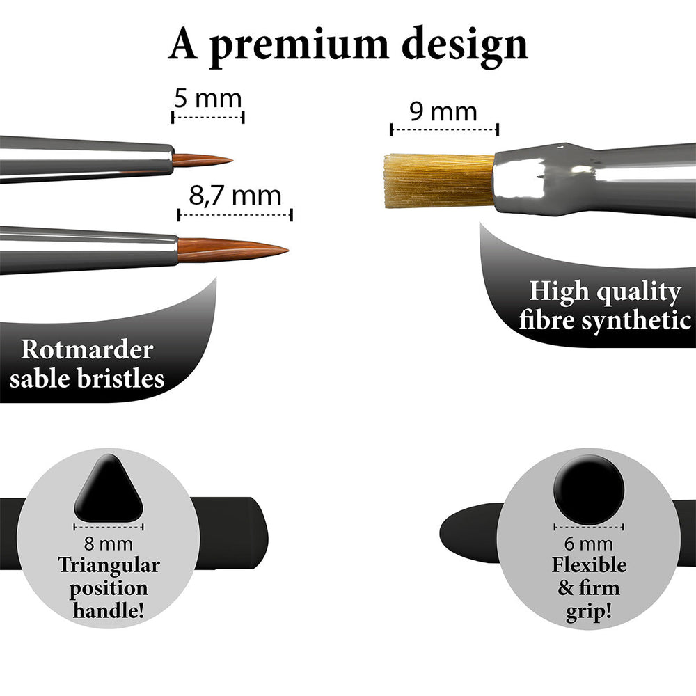Gamemaster Paints: Character Brush Set - Set of three paintbrushes with synthetic and sable bristles, featuring triangular and flexible ergonomic handles in black.