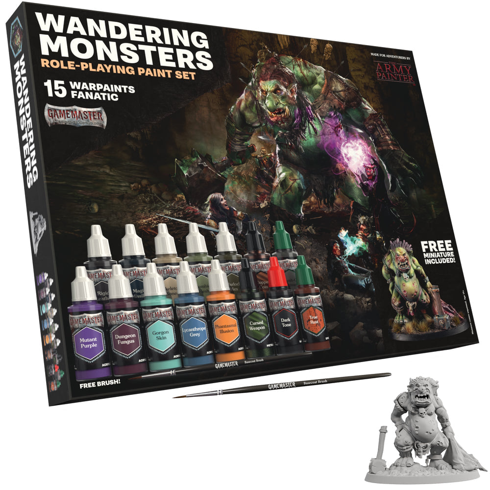 Gamemaster Paints: Wandering Monsters Paint Set - Set of 10 detailed miniature paint bottles in various colors with a box featuring fantasy monster artwork and a gray plastic
