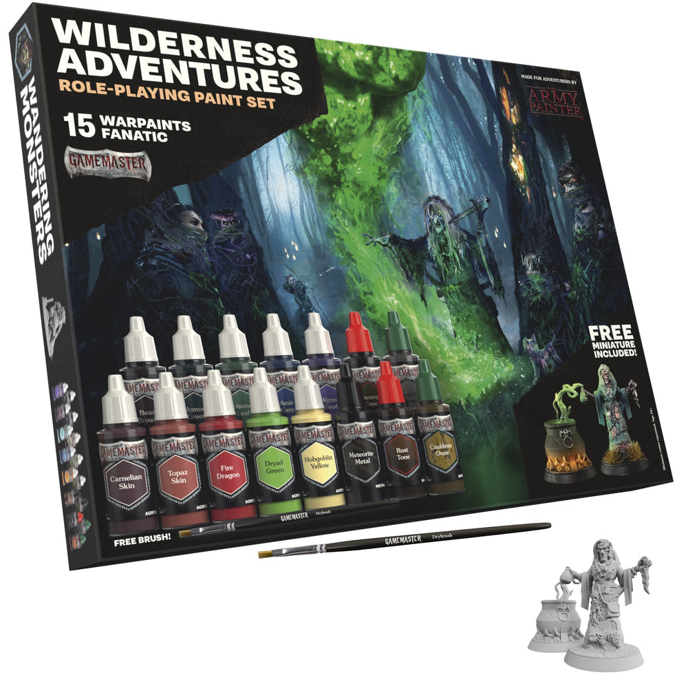 Gamemaster Paints: Wilderness Adventures Paint Set - Set of 15 small paint bottles with dropper caps in earthy tones, plus two miniature fantasy figures and a brush in black and