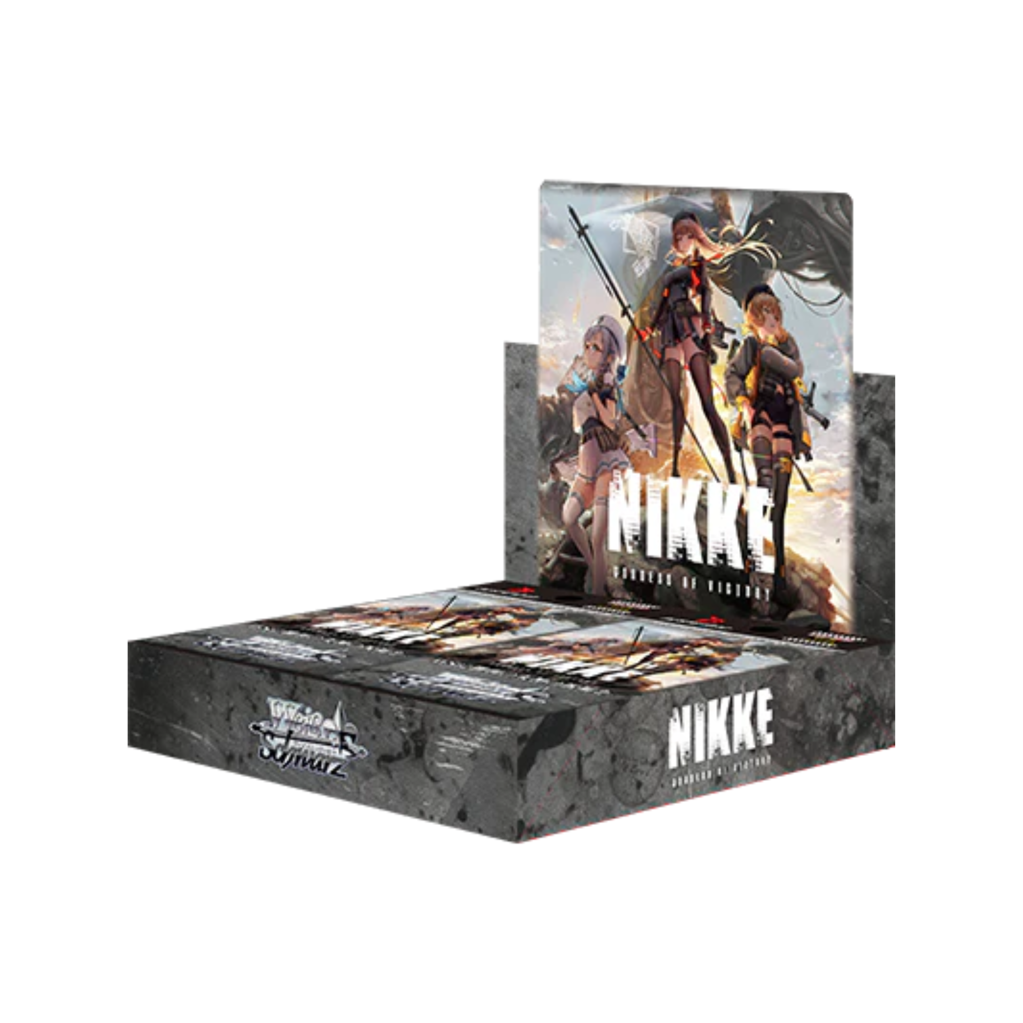 Weiss Schwarz: Goddess of Victory Nikke (Reprint) Booster Display - Black and gray booster display box featuring anime-style characters with weapons and white "NIKKE" text on front and back.
