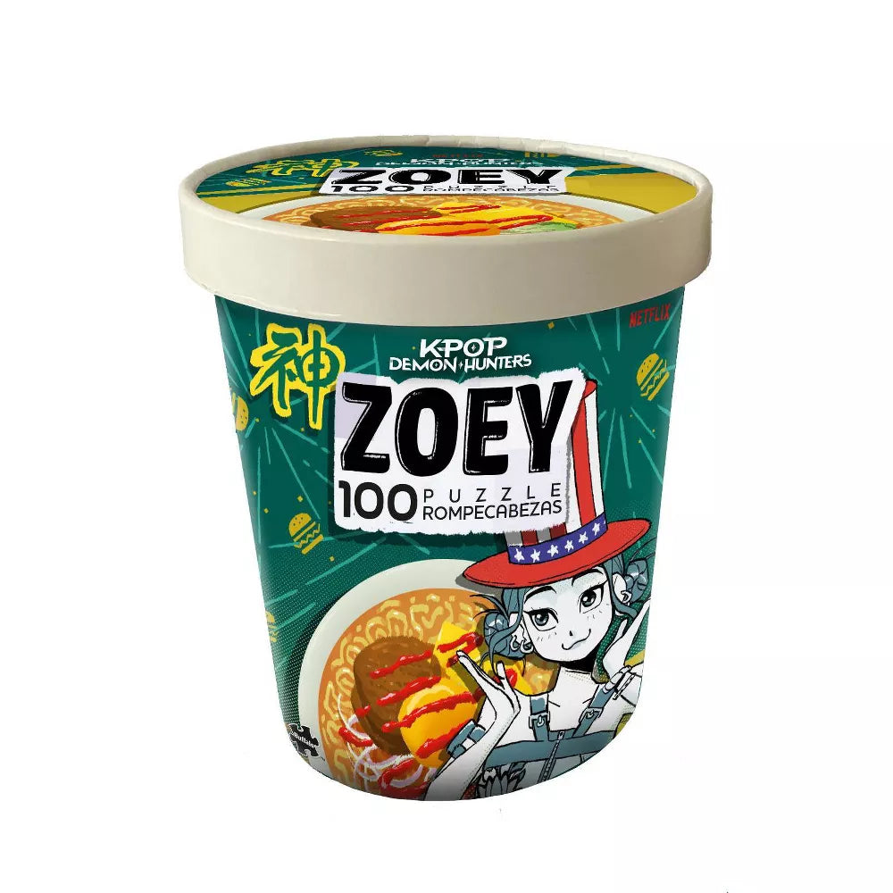 K-Pop Demon Hunters Puzzle - Ramen Zoey 100 Pieces (PREORDER) - Green cylindrical puzzle container with a cartoon demon hunter character, ramen bowl illustration, and bold white text "ZOEY