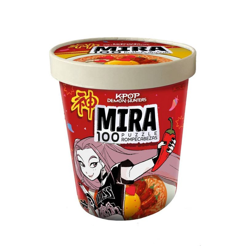 K-Pop Demon Hunters Puzzle - Ramen Mira 100 Pieces (PREORDER) - Red cylindrical puzzle container featuring anime-style character holding chopsticks, ramen bowl illustration, and bold white