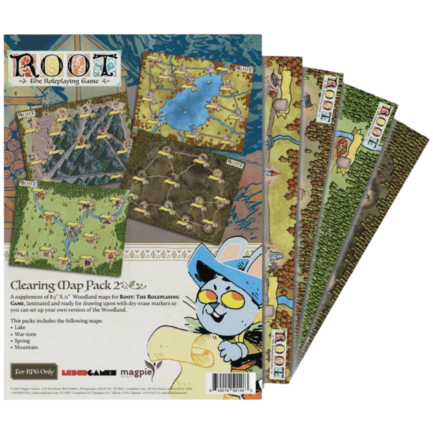 Root RPG: Ruins & Expeditions - Map Pack 2 (PREORDER) - Set of six illustrated fantasy maps with detailed terrains and landmarks, featuring colorful, hand-drawn style and a cartoon
