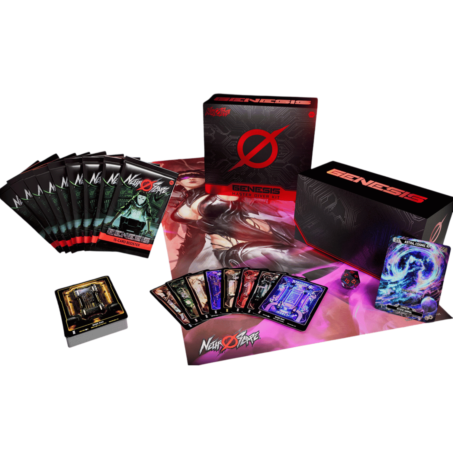 Neuroscape TCG: Genesis Unlimited Master Diver Kit (PREORDER) - Neuroscape TCG Genesis Unlimited Master Diver Kit with colorful game cards, black and red boxed packaging, and a vibrant.
