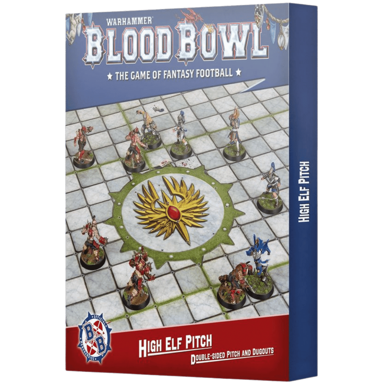 Warhammer Blood Bowl - High Elf Pitch: Double-sided Pitch and Dugouts - Double-sided fantasy football pitch with High Elf theme, grid layout, decorated with a golden phoenix emblem in the center,.