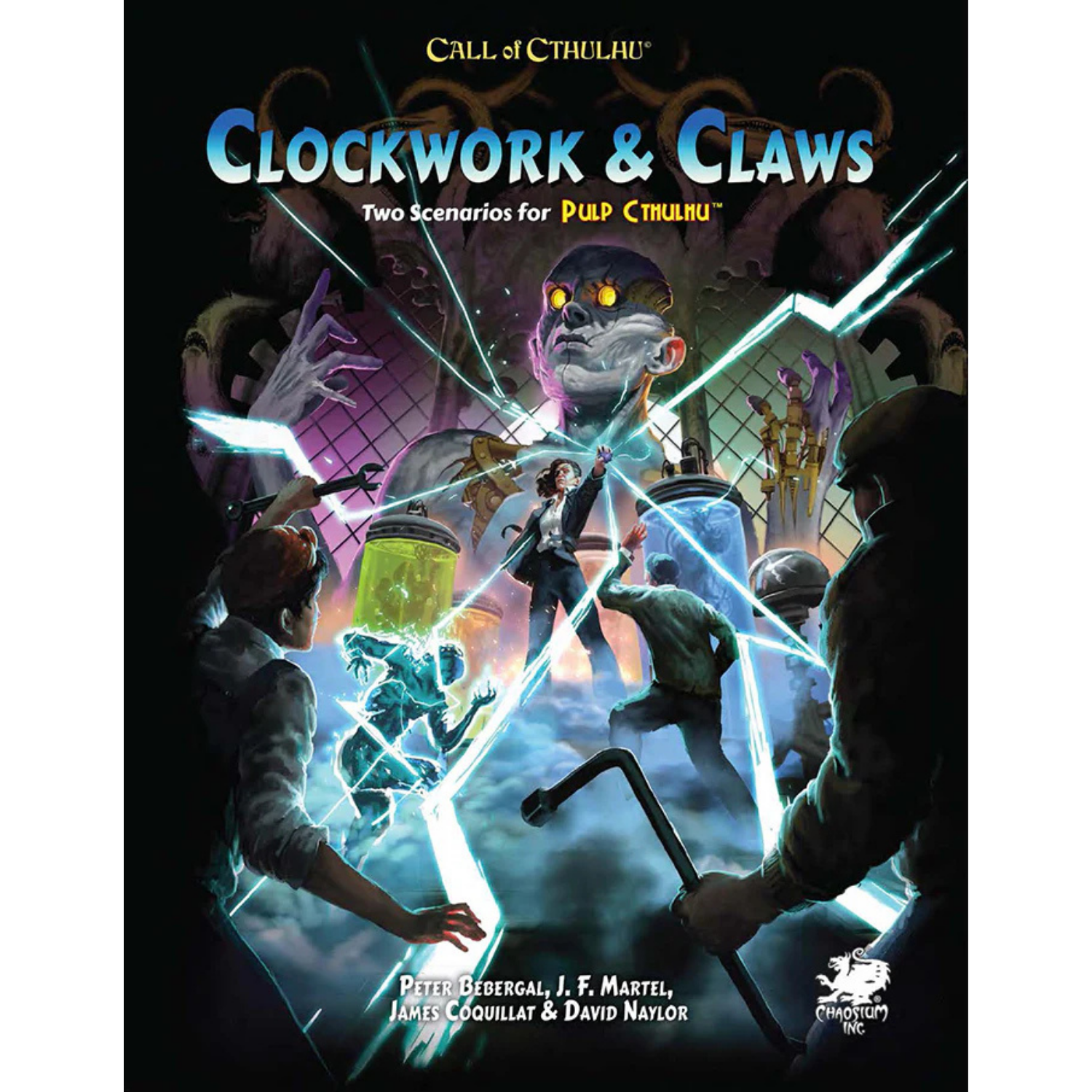 Call of Cthulhu: Pulp Cthulhu - Clockwork & Claws (PREORDER) - Dark fantasy book cover featuring a glowing blue monstrous figure with tentacles, surrounded by four shadowy human figures.