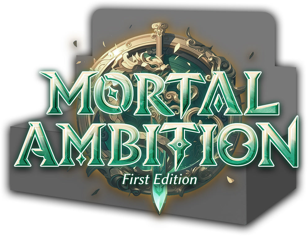 Grand Archive TCG Mortal Ambition 1st Edition Booster Pack - Dark gray booster pack box with gold fantasy emblem and teal "Mortal Ambition First Edition" logo text on front.