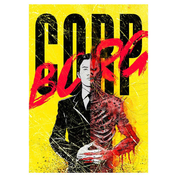 Corp Borg - Yellow cover with bold black text "CORP" and red graffiti-style "BORG," featuring half-man half-cyborg figure in a suit.