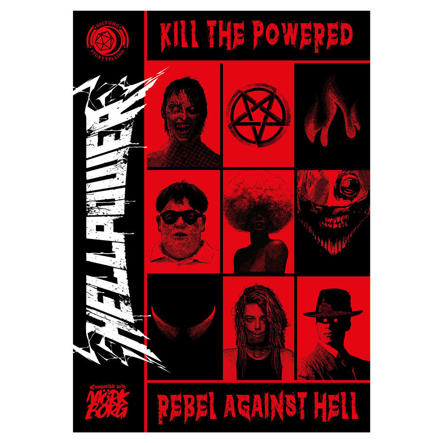 Mork Borg: Hellpower (PREORDER) - Red and black Mork Borg Hellpower cover with six sinister faces, a pentagram, flame, and bold white and red text.