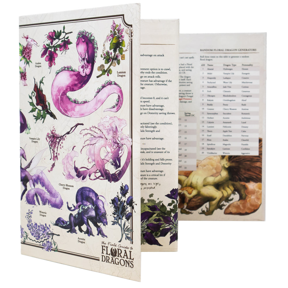 The Field Guide to Floral Dragons: GM Screen (5e) - GM screen with white background featuring vibrant purple floral dragon illustrations and detailed game tables inside.