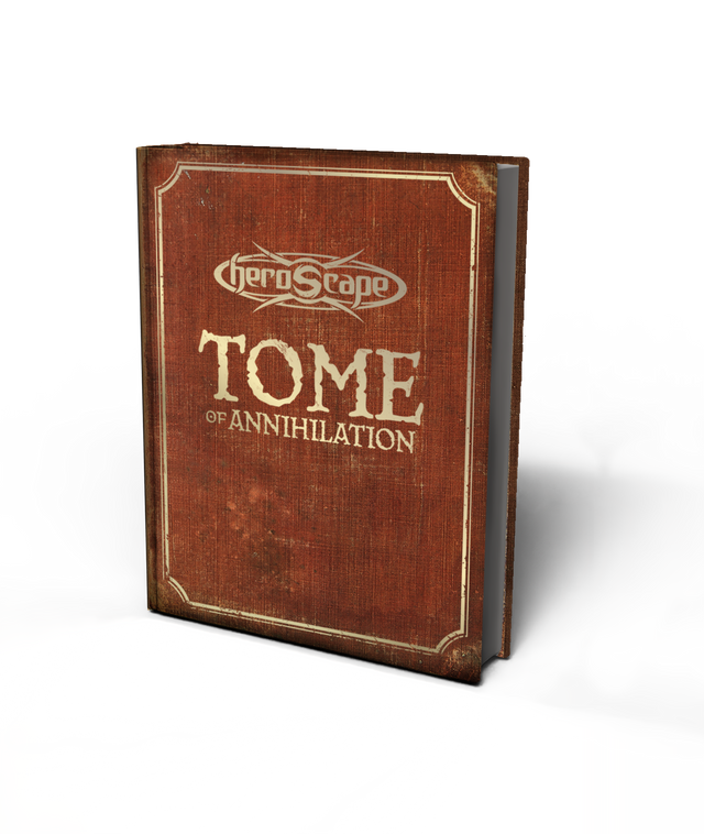 Heroscape: Tome of Annihilation Lore Book (PREORDER) - Brown hardcover book titled Heroscape Tome of Annihilation with ornate gold border detailing.