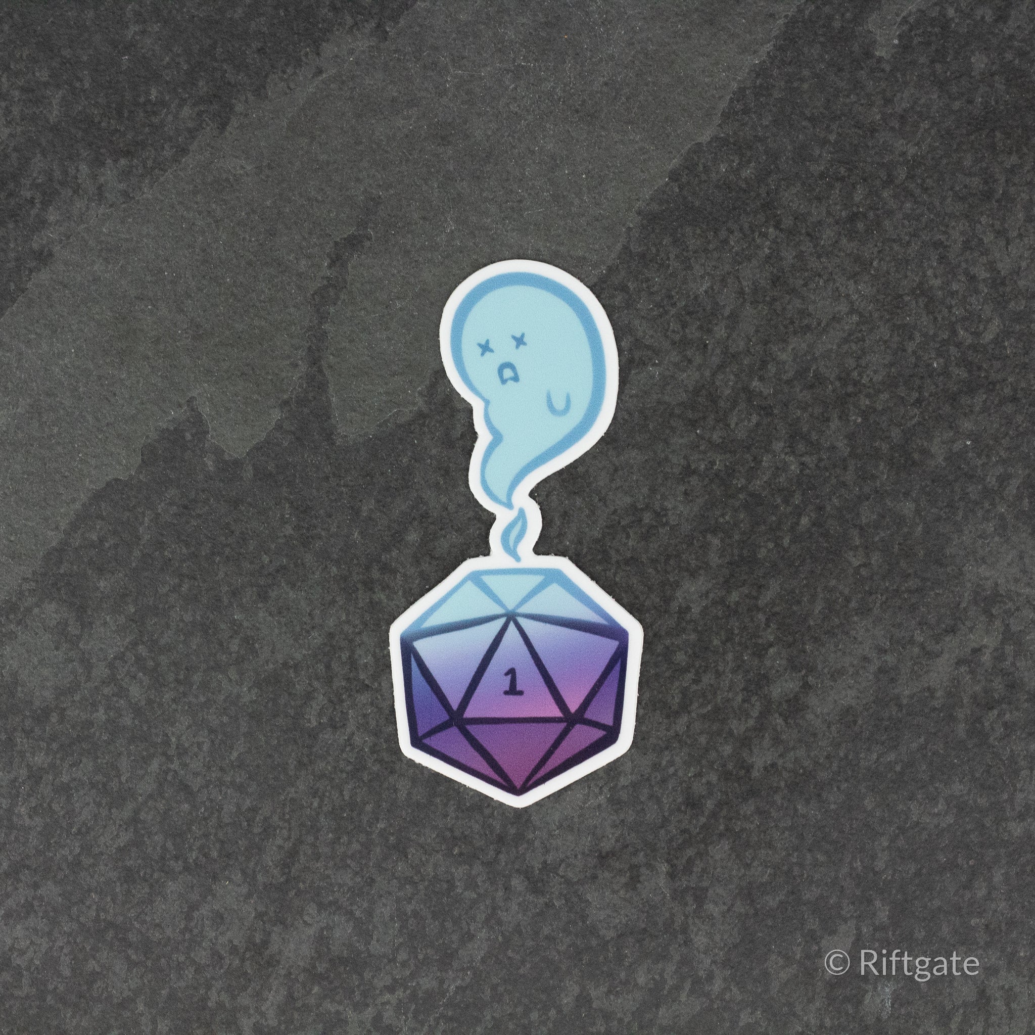 Supernatural 1 DnD Sticker - Blue speech bubble with supernatural symbols above a purple and blue 20-sided die showing the number one sticker on dark.
