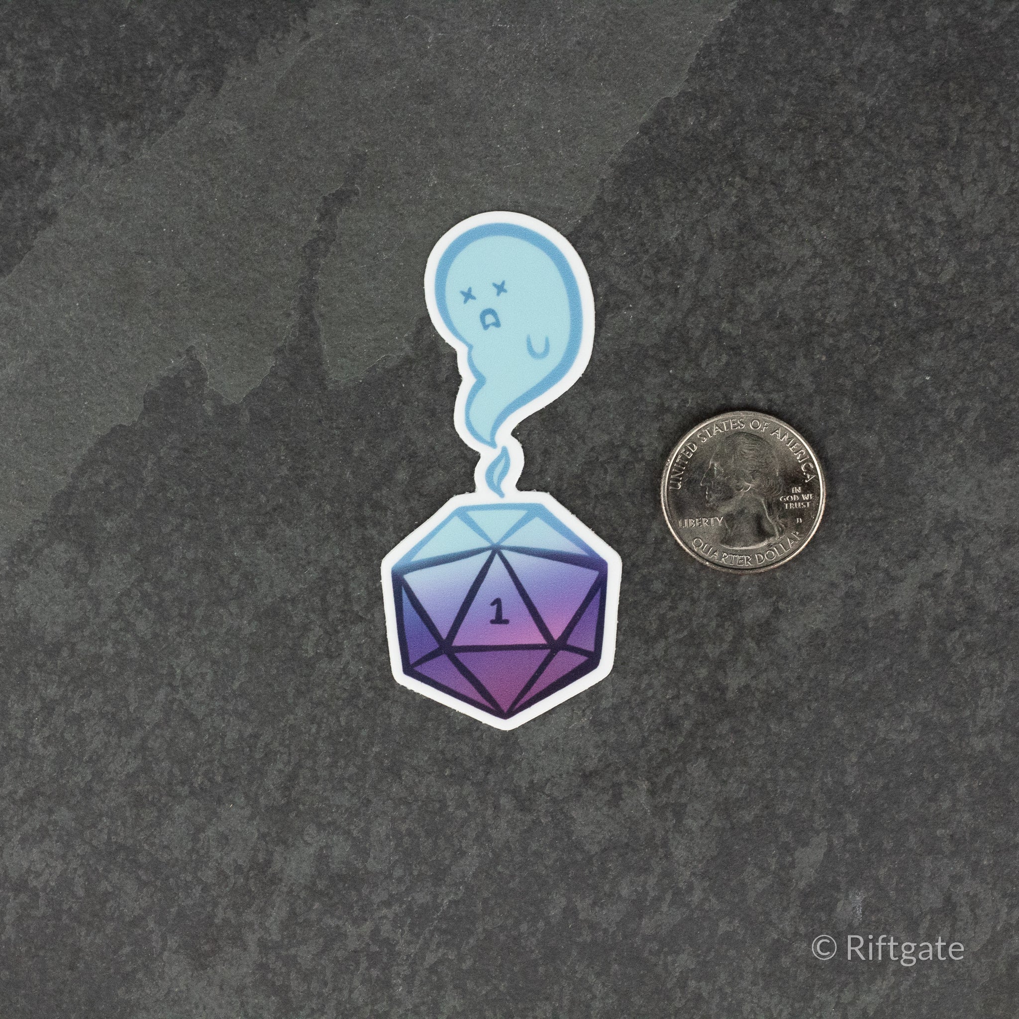 Supernatural 1 DnD Sticker - Sticker featuring a purple and blue 20-sided die with the number one and a light blue ghost above it on a dark gray.
