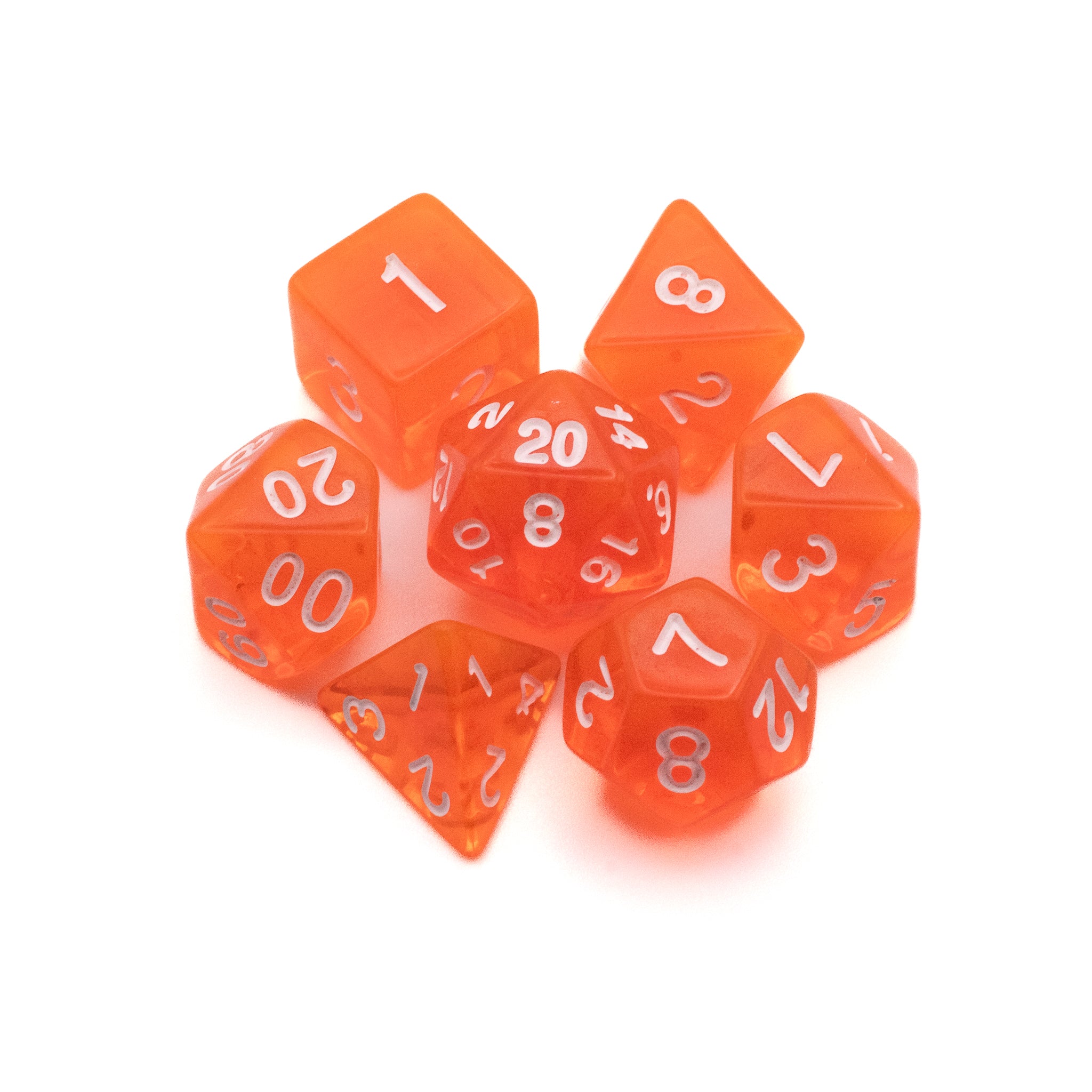 Orange Transparent Dice Set - Set of seven translucent orange polyhedral dice with white numbering, including d4, d6, d8, d10, d12, and d20.