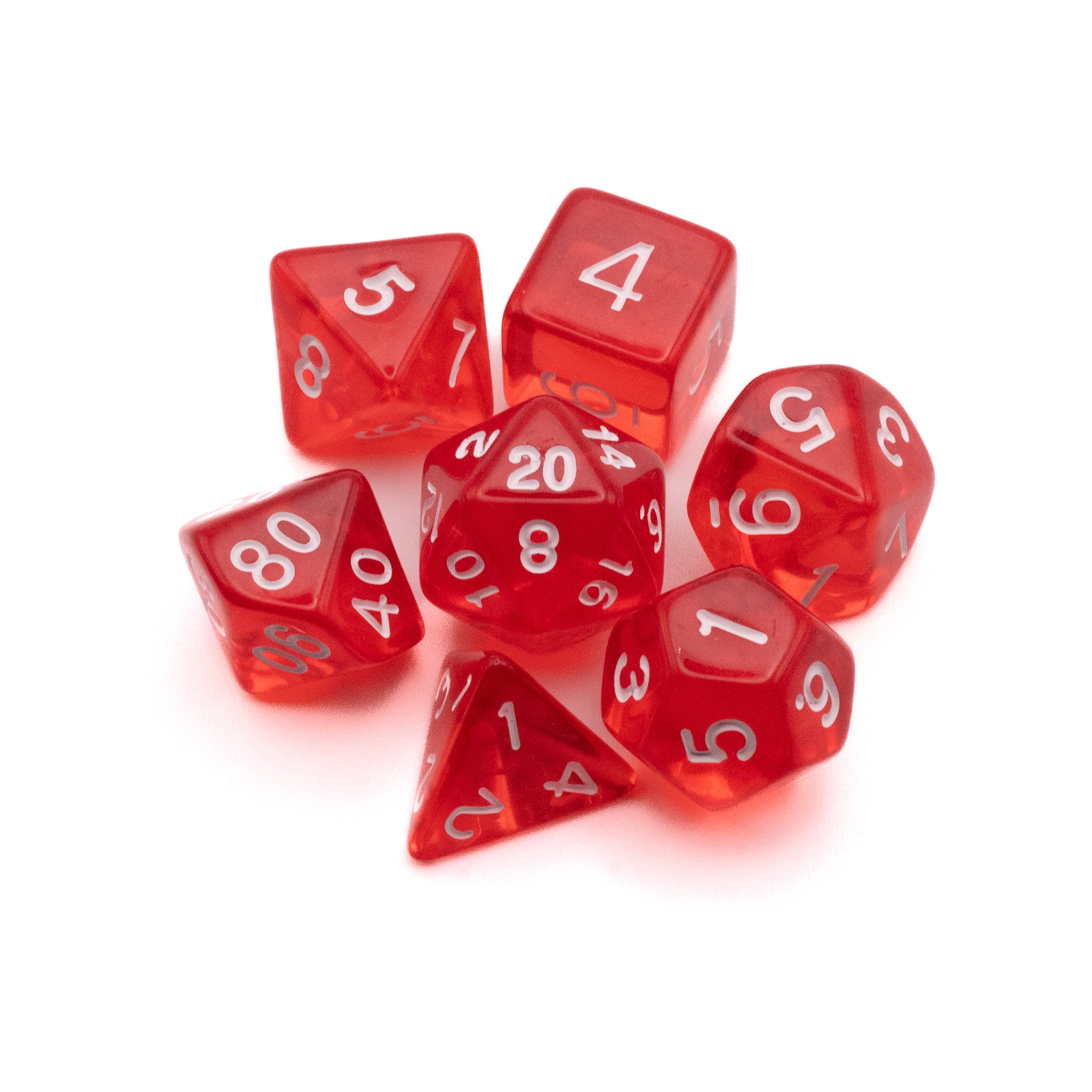 Red Transparent Dice Set - Set of seven red transparent polyhedral dice with white numbering, including d4, d6, d8, d10, d12, d20, and percentile dice.