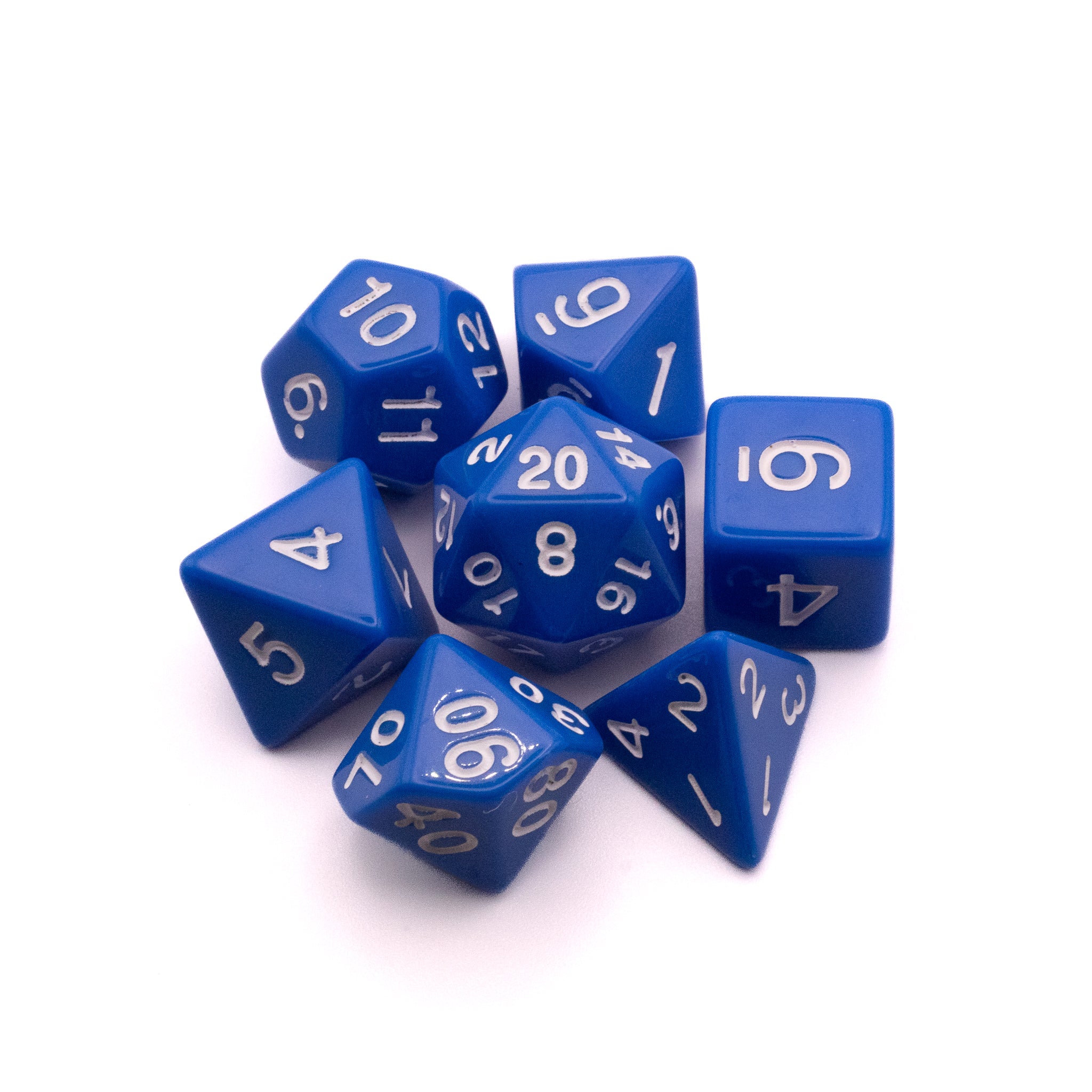 Basic Solid Blue Dice Set - Set of seven solid blue polyhedral dice with white numbering for tabletop games.