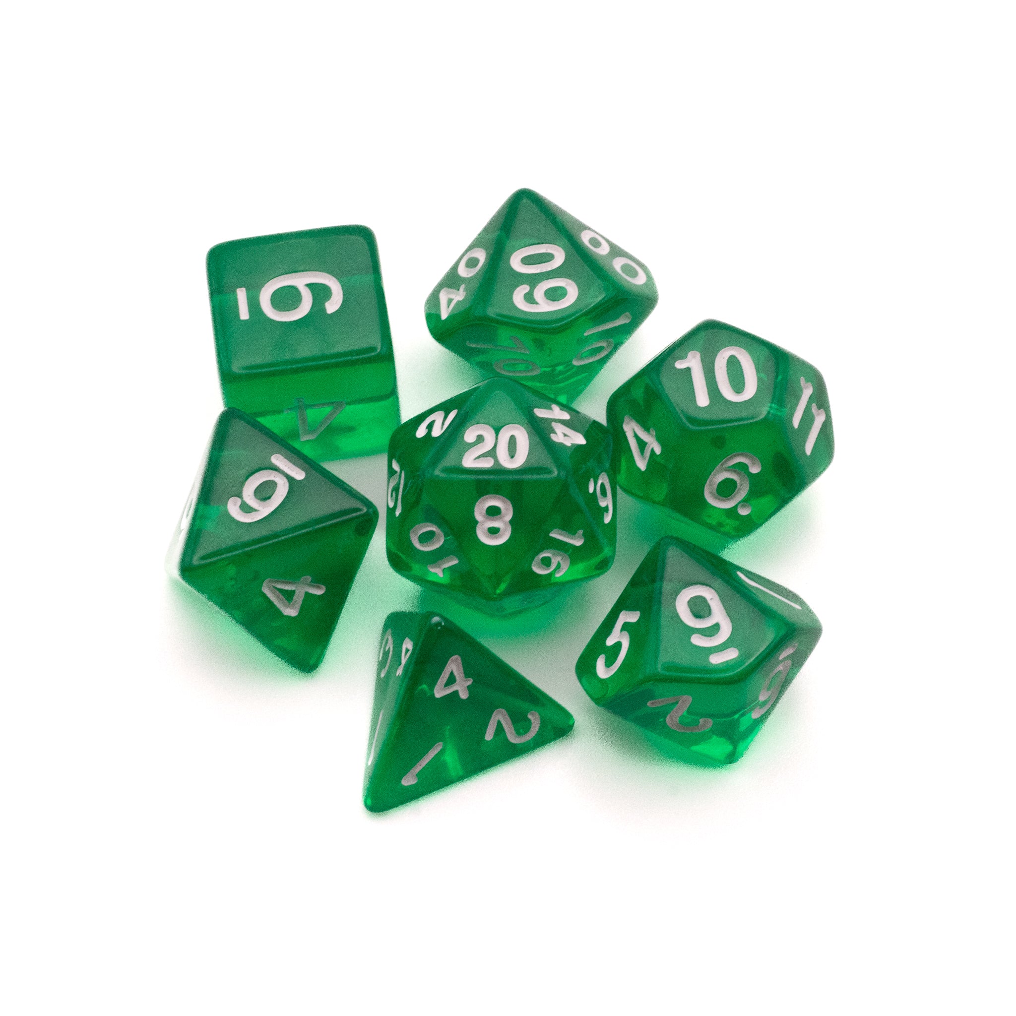 Green Transparent Dice Set - Set of seven transparent green polyhedral dice with white numbers, including d20, d12, d10, d8, d6, d4, and percentile dice.
