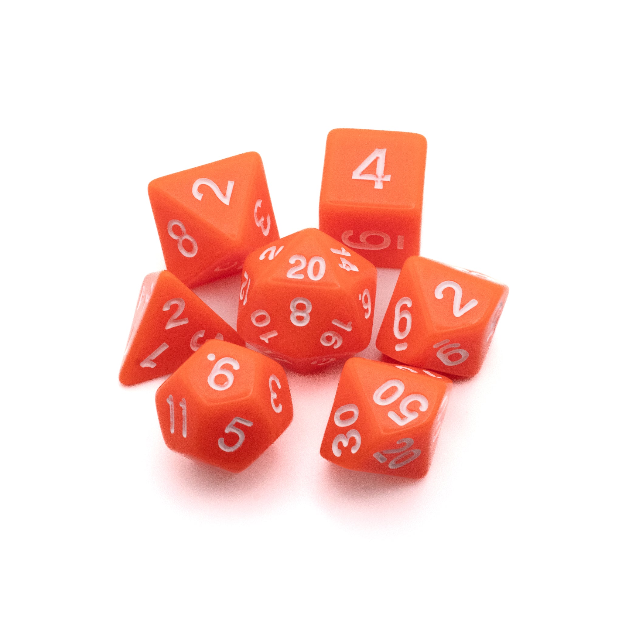Basic Solid Orange Dice Set - Seven solid orange polyhedral dice with white numbers, including d20, d12, d10, d8, d6, and d4.