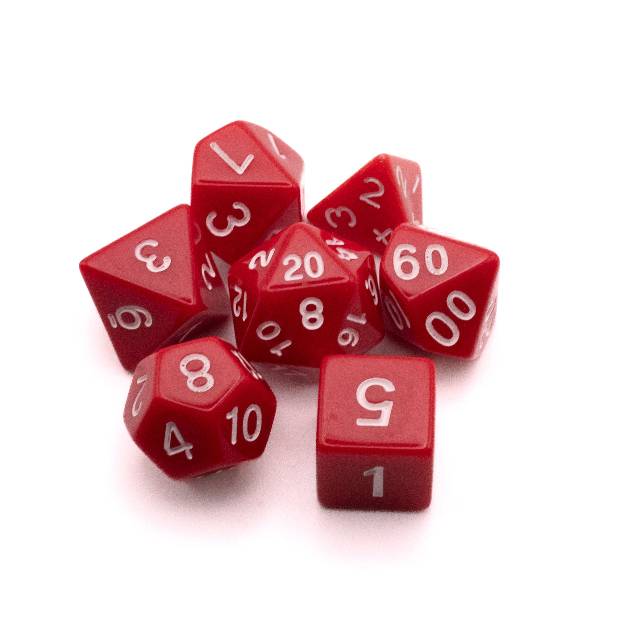 Basic Solid Red Dice Set - Set of seven solid red dice with white numbering, including d20, d12, d10, d8, d6, d4, and percentile dice.