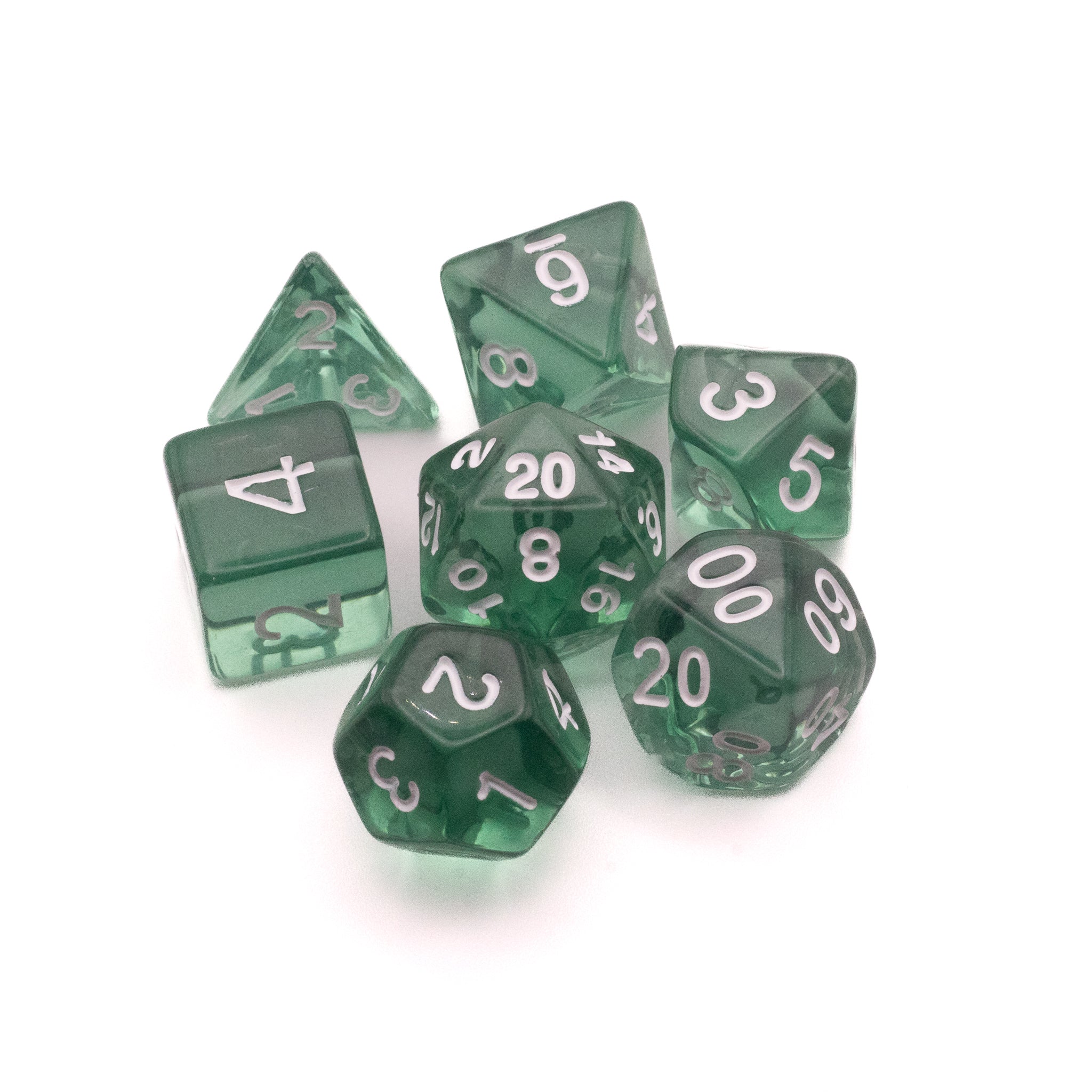 Dark Green Transparent Dice Set - Dark green transparent polyhedral dice set with white numbers including d20, d12, d10, d8, d6, d4, and percentile dice.