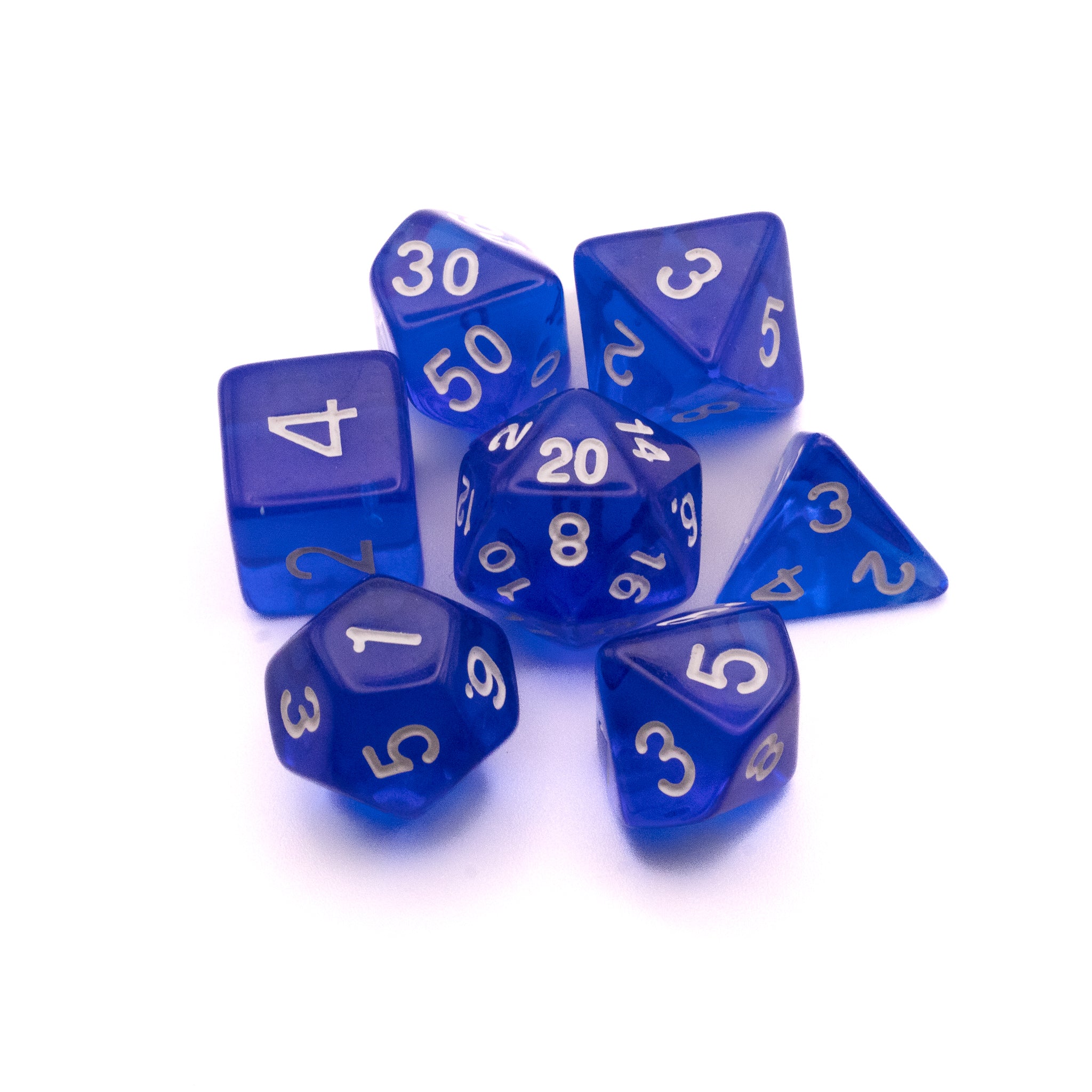 Blue Transparent Dice Set - Set of seven blue transparent polyhedral dice with white numbers, including d20, d12, d10, d8, d6, and d4.