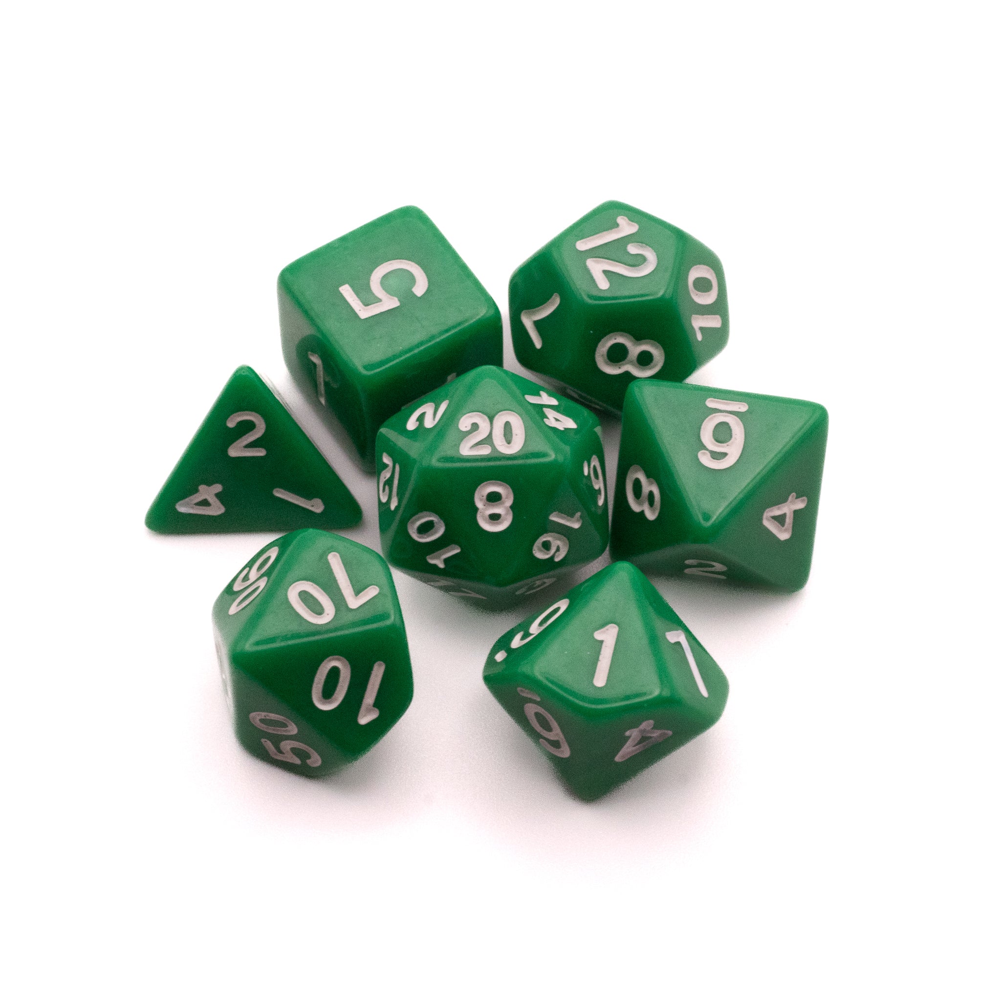 Basic Solid Green Dice Set - Seven green dice with white numbers, including d4, d6, d8, d10, d12, and d20, arranged in a cluster on white background.