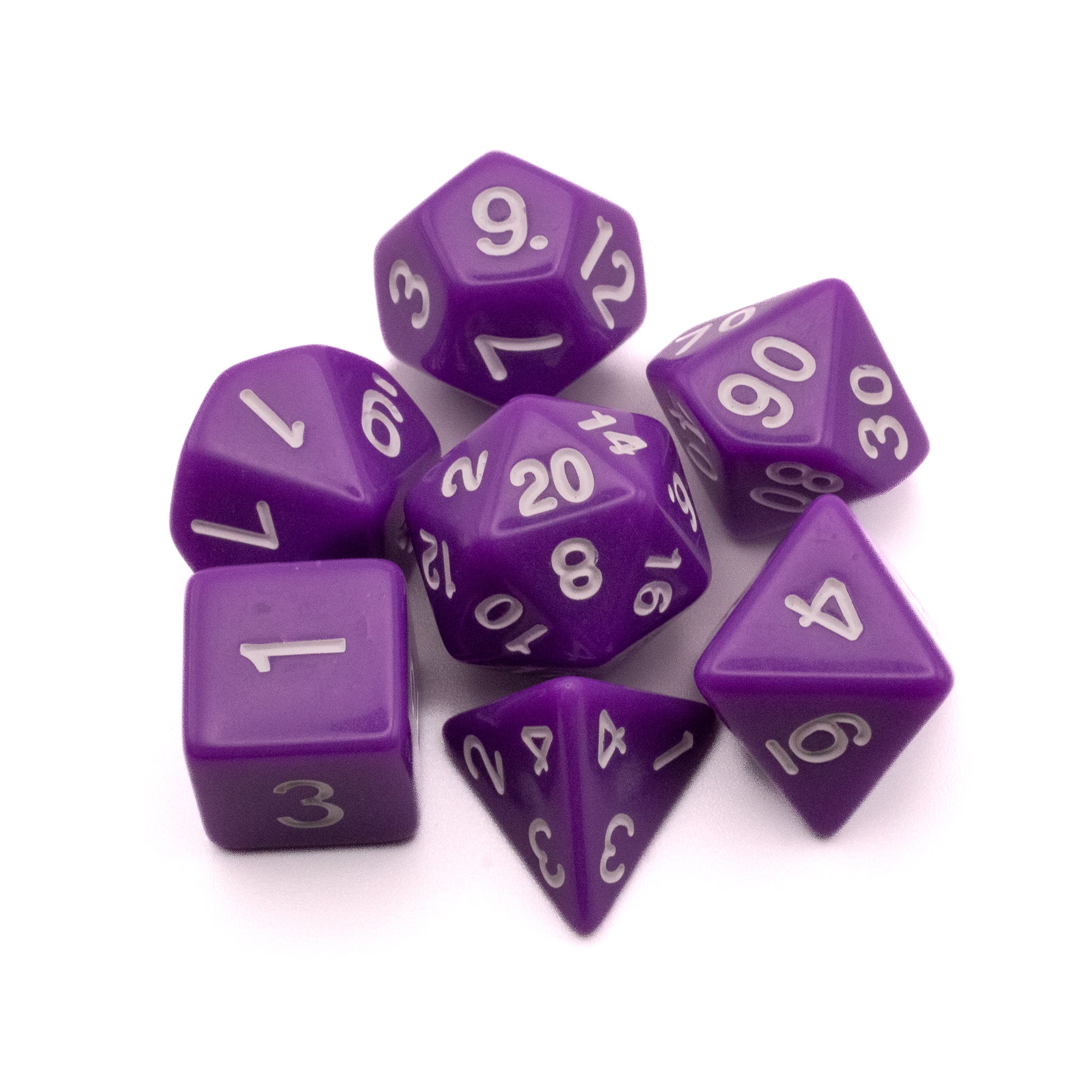 Basic Solid Purple Dice Set - Set of seven solid purple polyhedral dice with white numbering for tabletop gaming.
