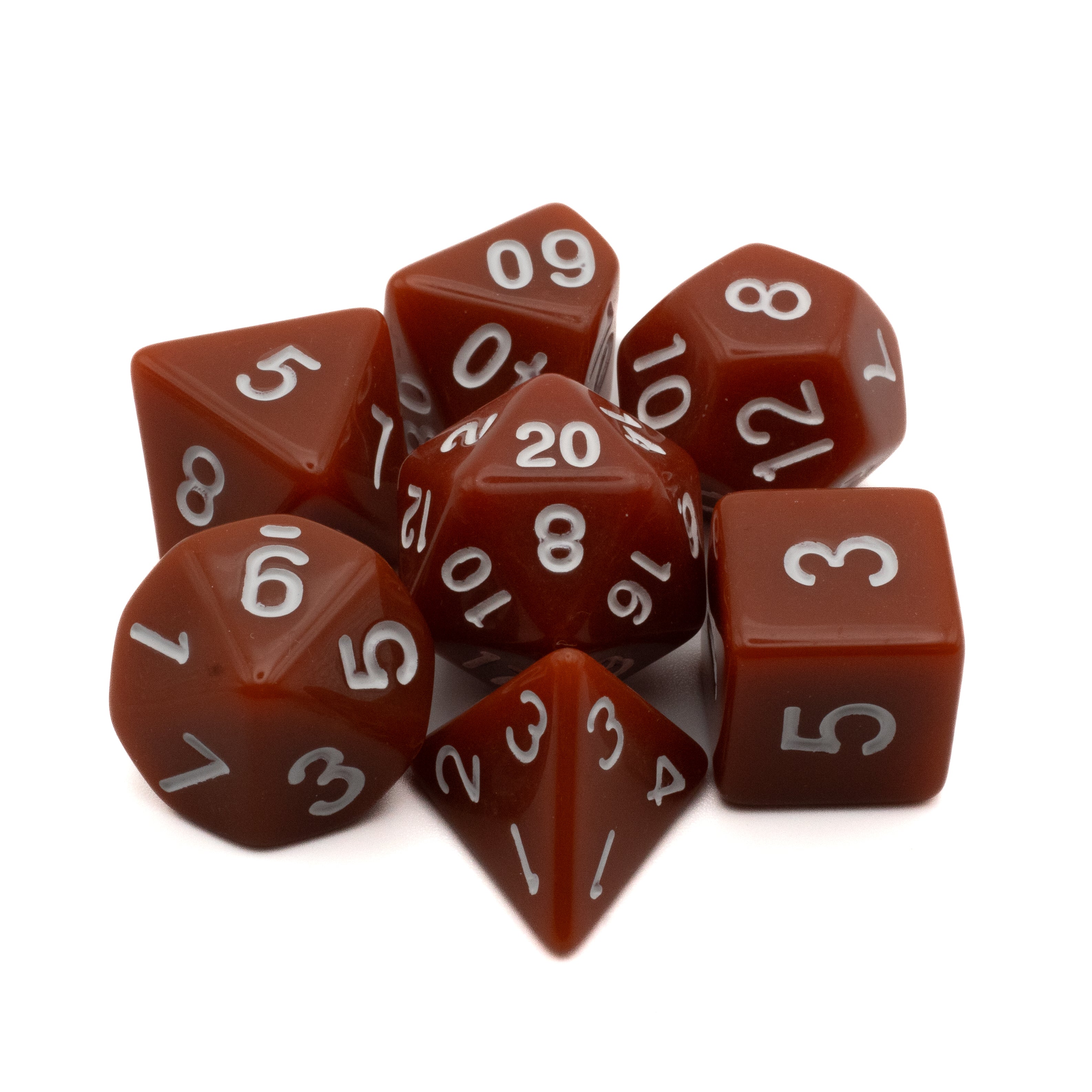 Basic Solid Brown Dice Set - Set of seven solid brown polyhedral dice with white numbers for tabletop gaming.