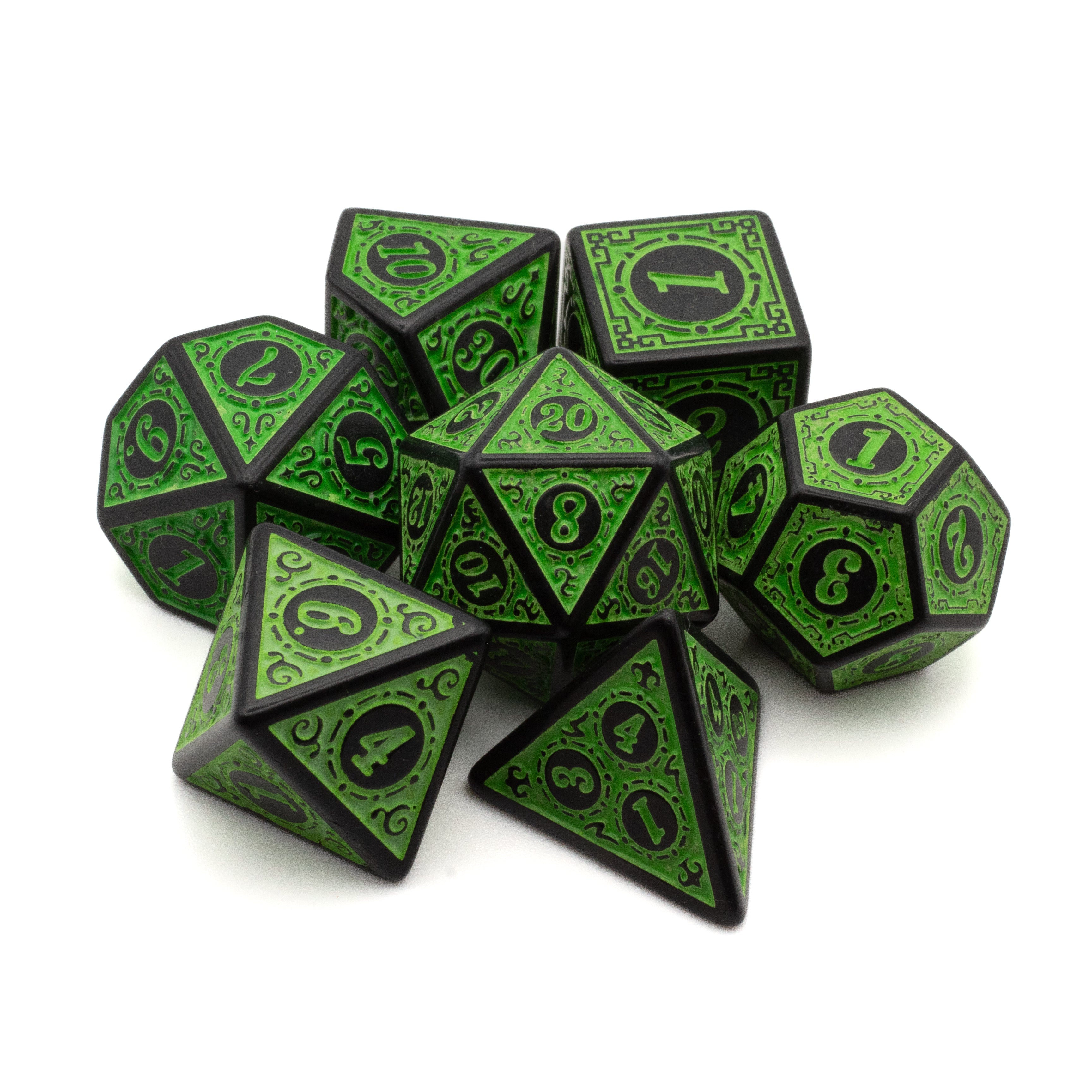 Green Runes Acrylic Dice Set - Set of green acrylic polyhedral dice with black runic numbering and intricate rune designs.